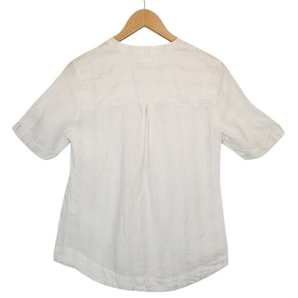 Chico's Women's Linen Short Sleeve Button Up Blouse Cream Gold Thread Size Small - Picture 2 of 5